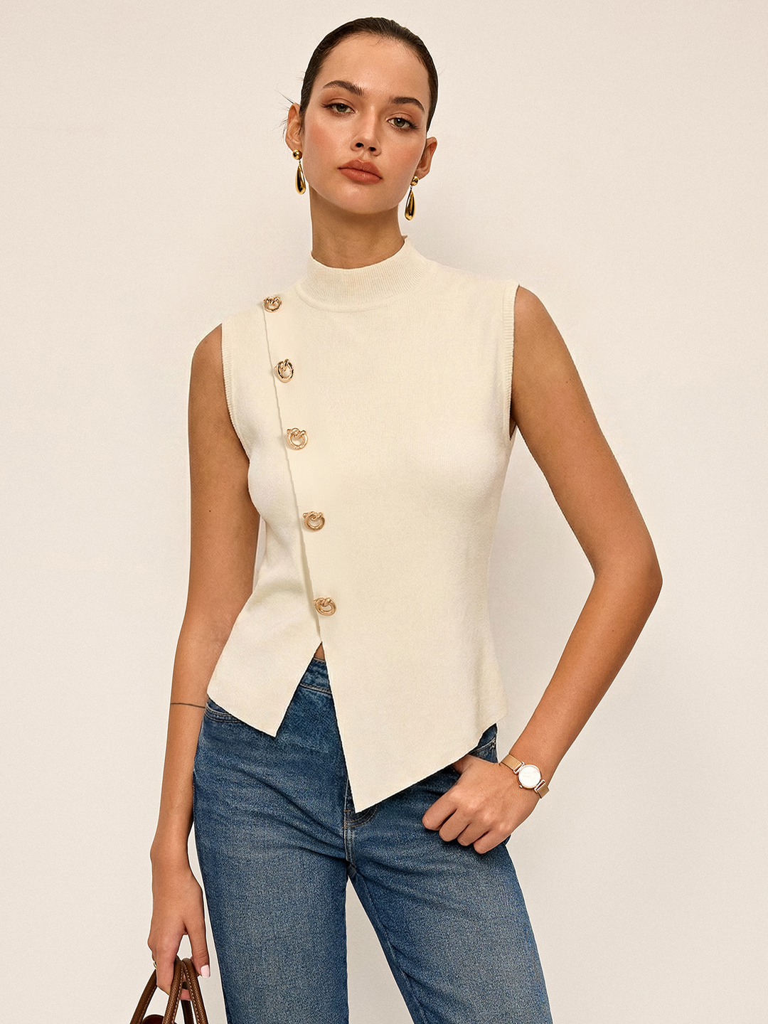 Ella Asymmetric Button Sleeveless Knit Top