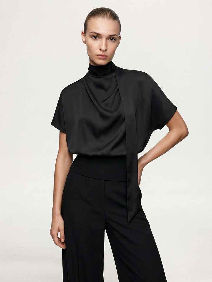 Monique Draped Satin Mock Neck Blouse