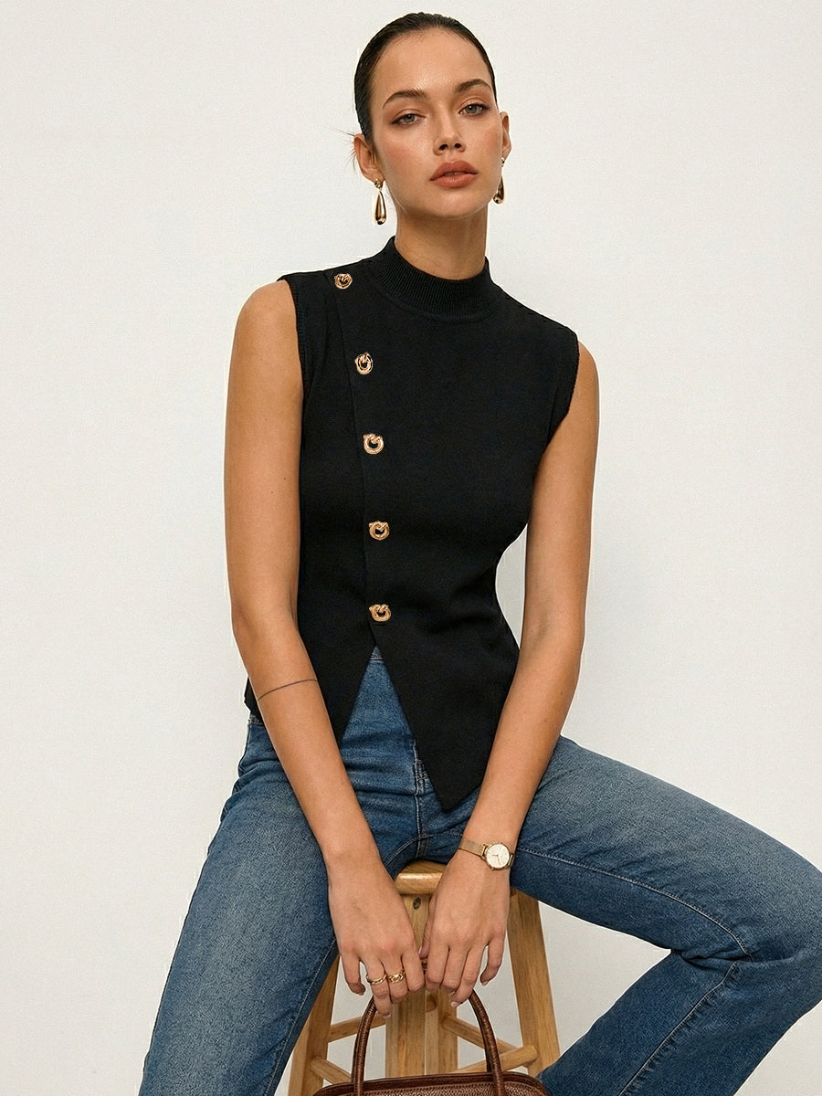 Ella Asymmetric Button Sleeveless Knit Top