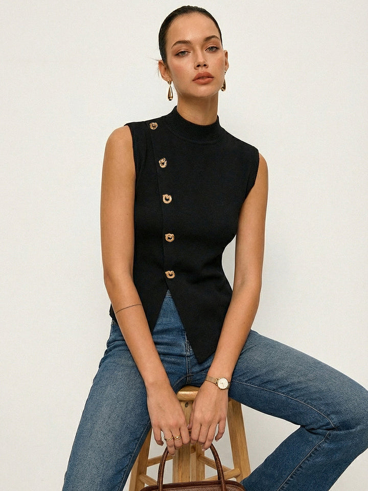 Ella Asymmetric Button Sleeveless Knit Top