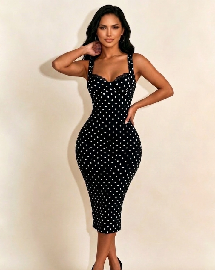 Destiny Polka Dot Bodycon Midi Dress