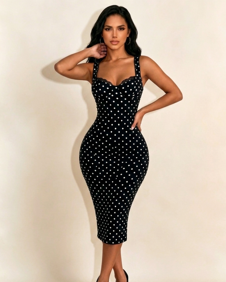 Destiny Polka Dot Bodycon Midi Dress