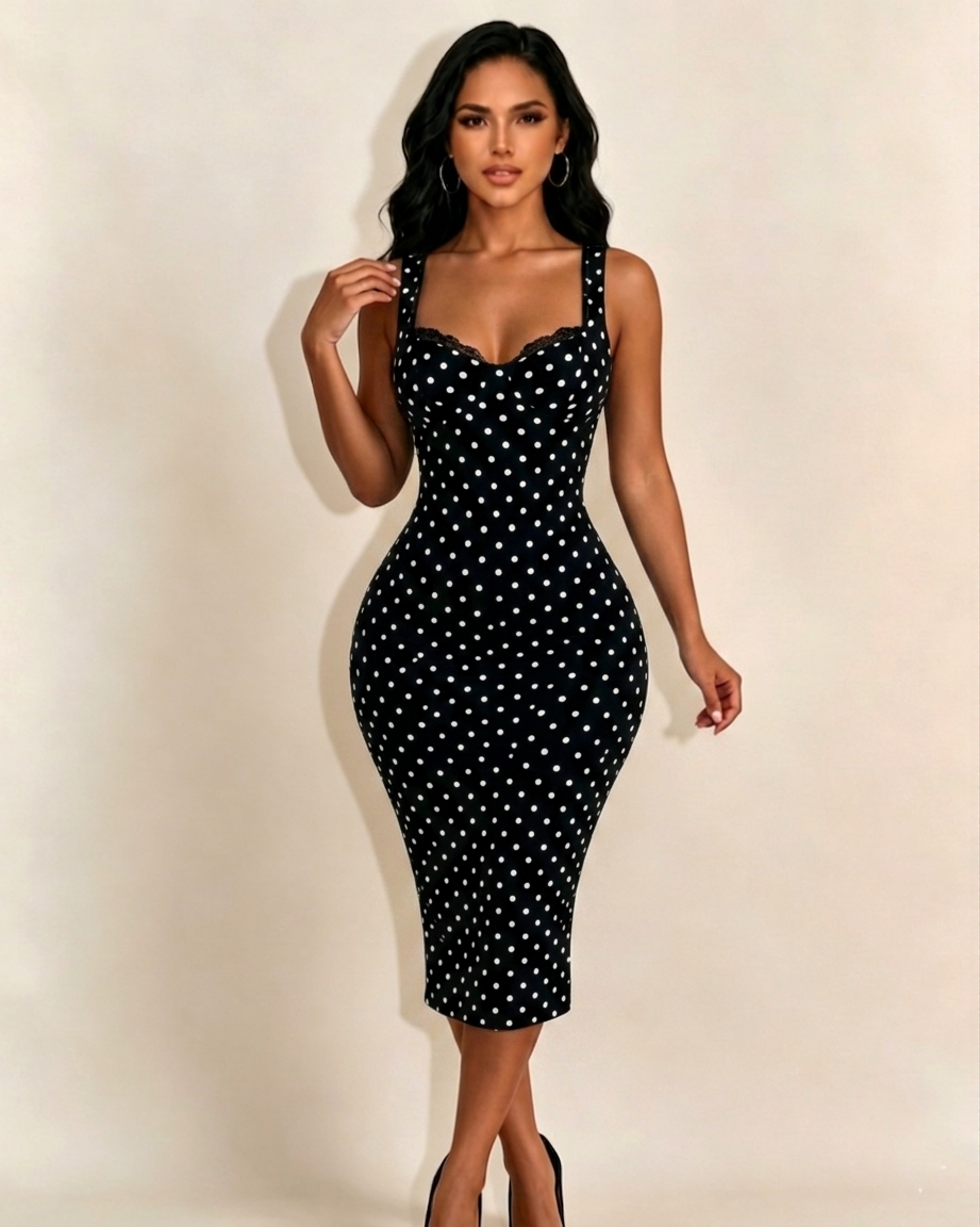 Destiny Polka Dot Bodycon Midi Dress