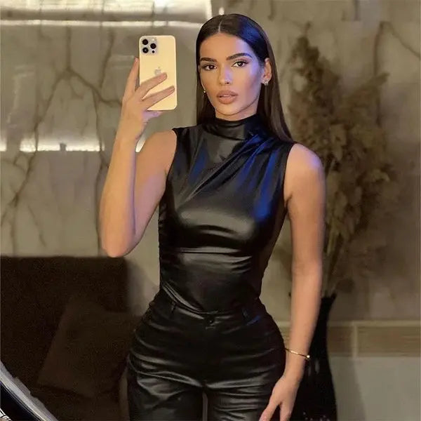 Nevaeh Faux Leather High Neck Top