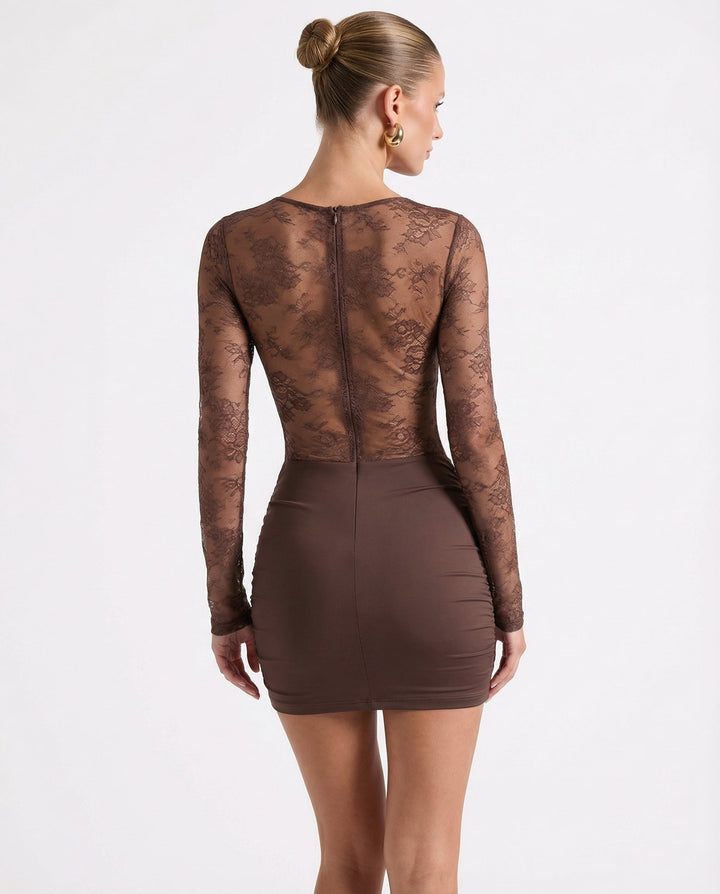 Ellie Sheer Lace Ruched Mini Dress
