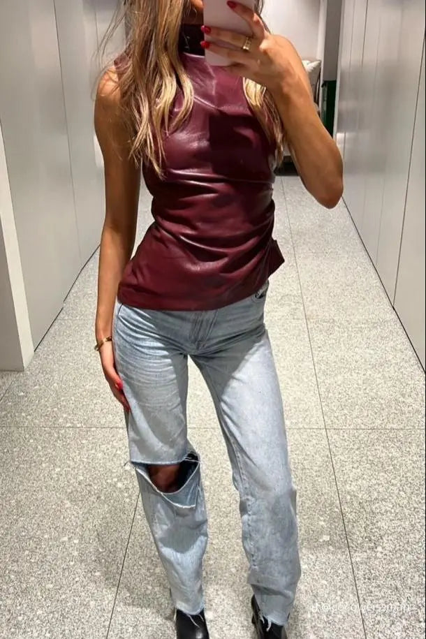 Nevaeh Faux Leather High Neck Top