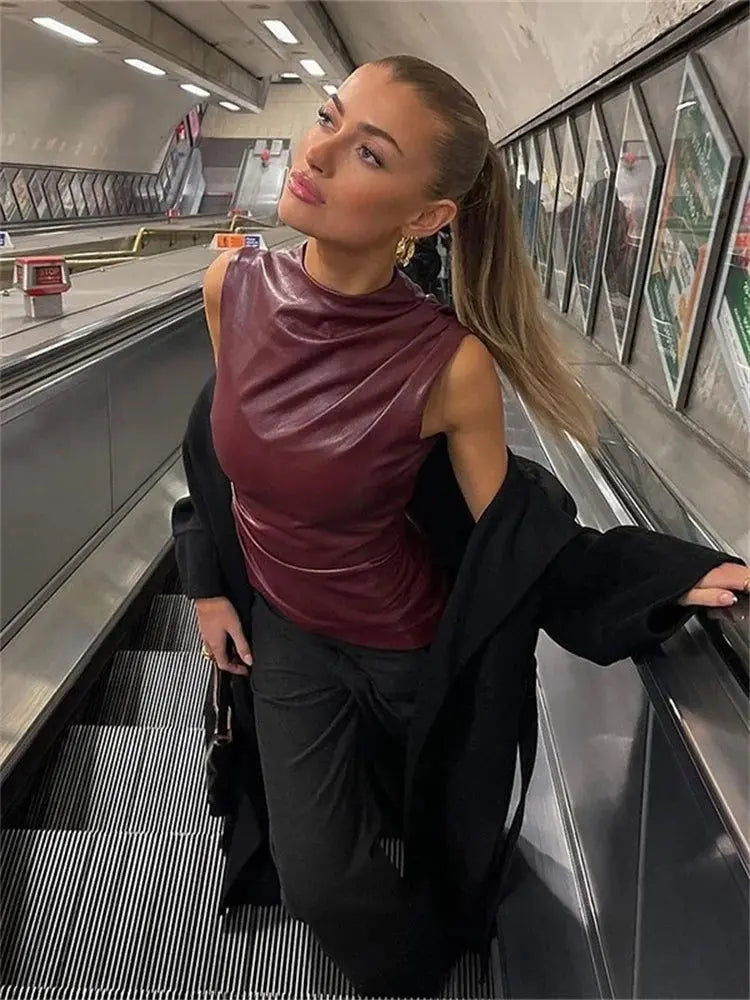 Nevaeh Faux Leather High Neck Top