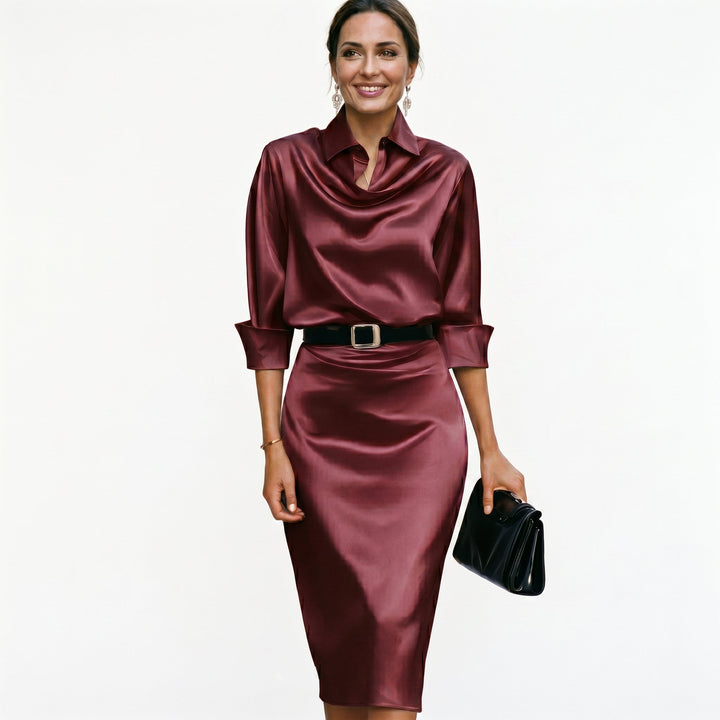 Sheena Draped Neck Belted Midi Dress