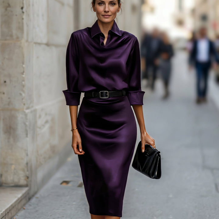 Sheena Draped Neck Belted Midi Dress