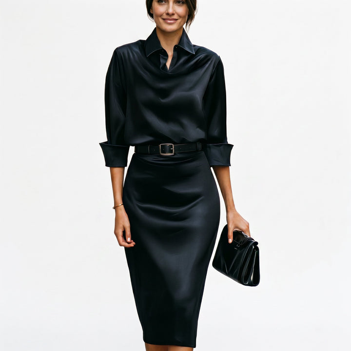 Sheena Draped Neck Belted Midi Dress