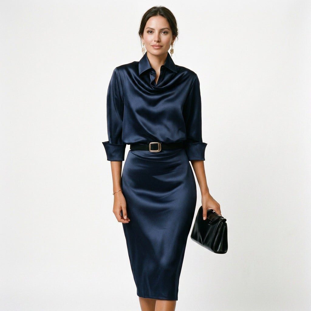 Sheena Draped Neck Belted Midi Dress