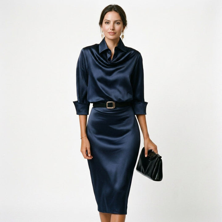Sheena Draped Neck Belted Midi Dress