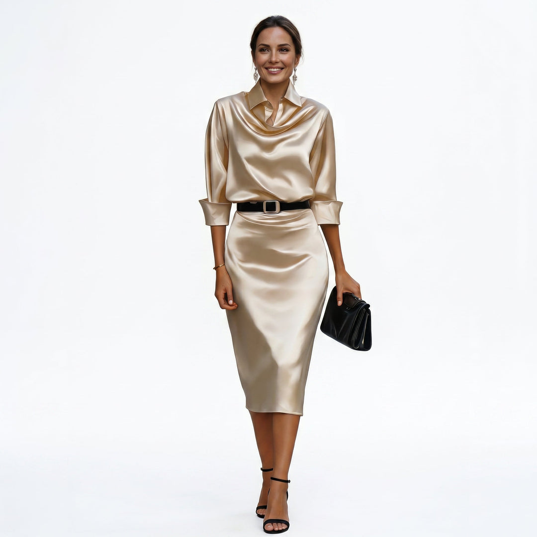 Sheena Draped Neck Belted Midi Dress