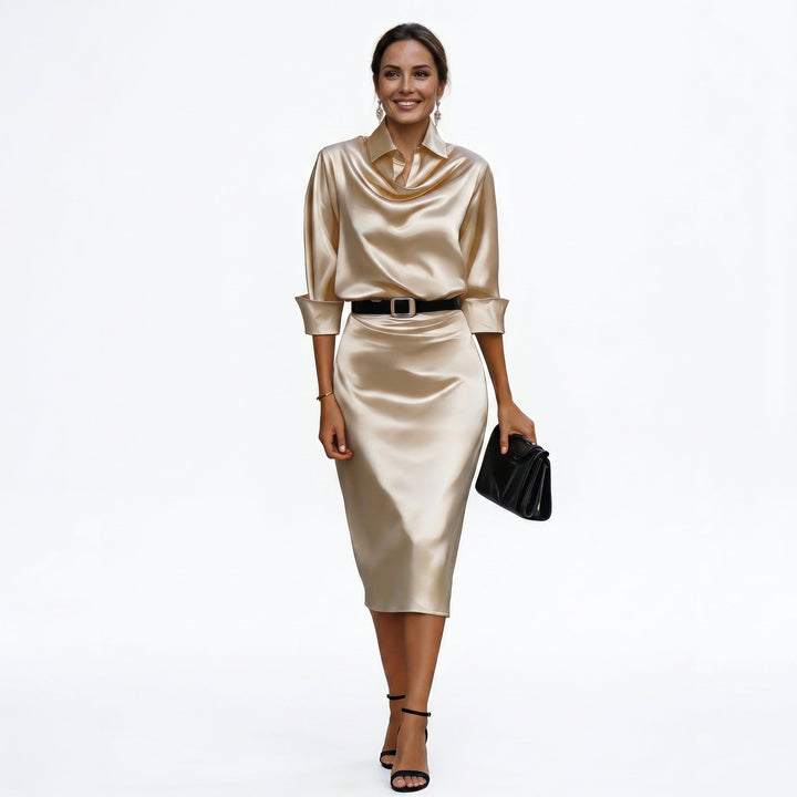 Sheena Draped Neck Belted Midi Dress