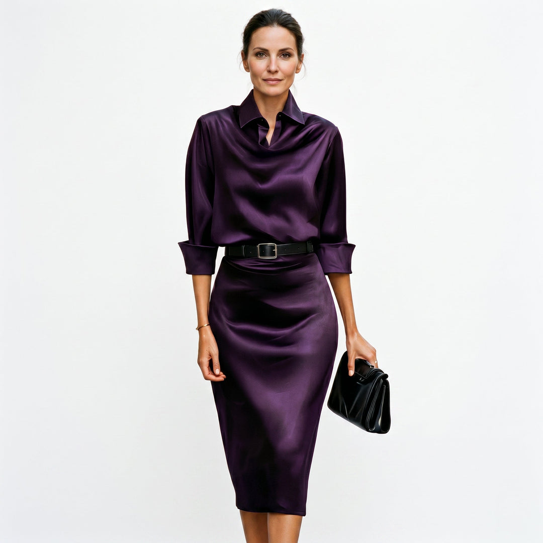 Sheena Draped Neck Belted Midi Dress