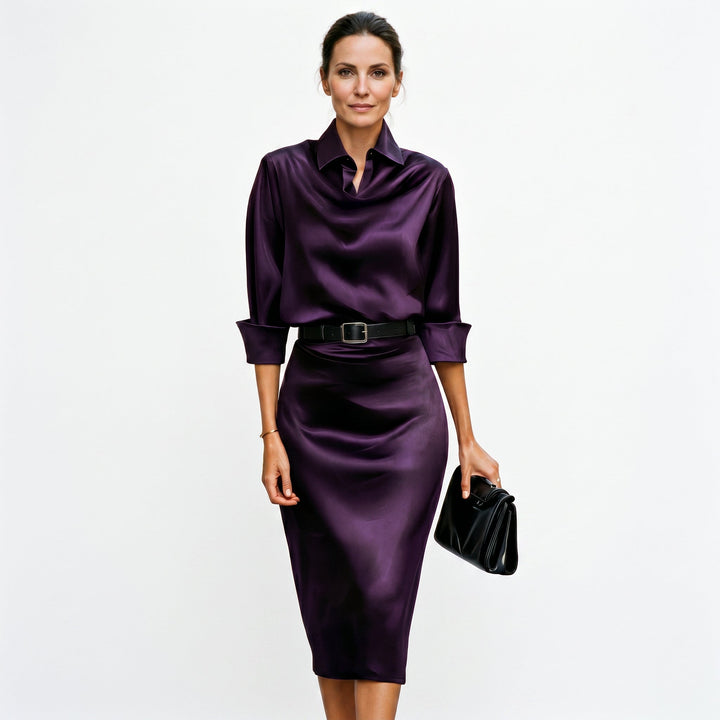 Sheena Draped Neck Belted Midi Dress