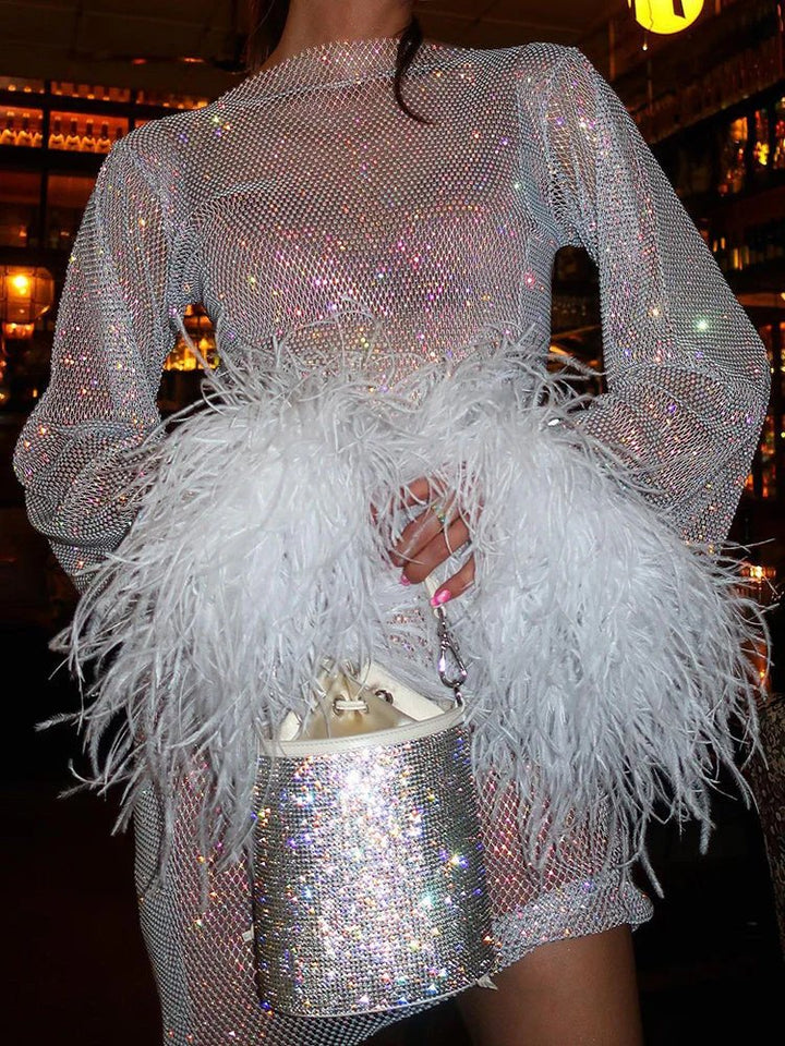 Verena Crystal Embellished Plume Cuff Mini Dress