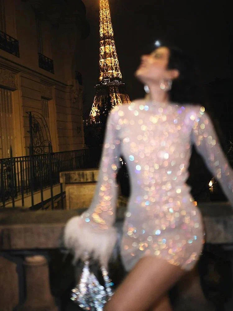 Verena Crystal Embellished Plume Cuff Mini Dress
