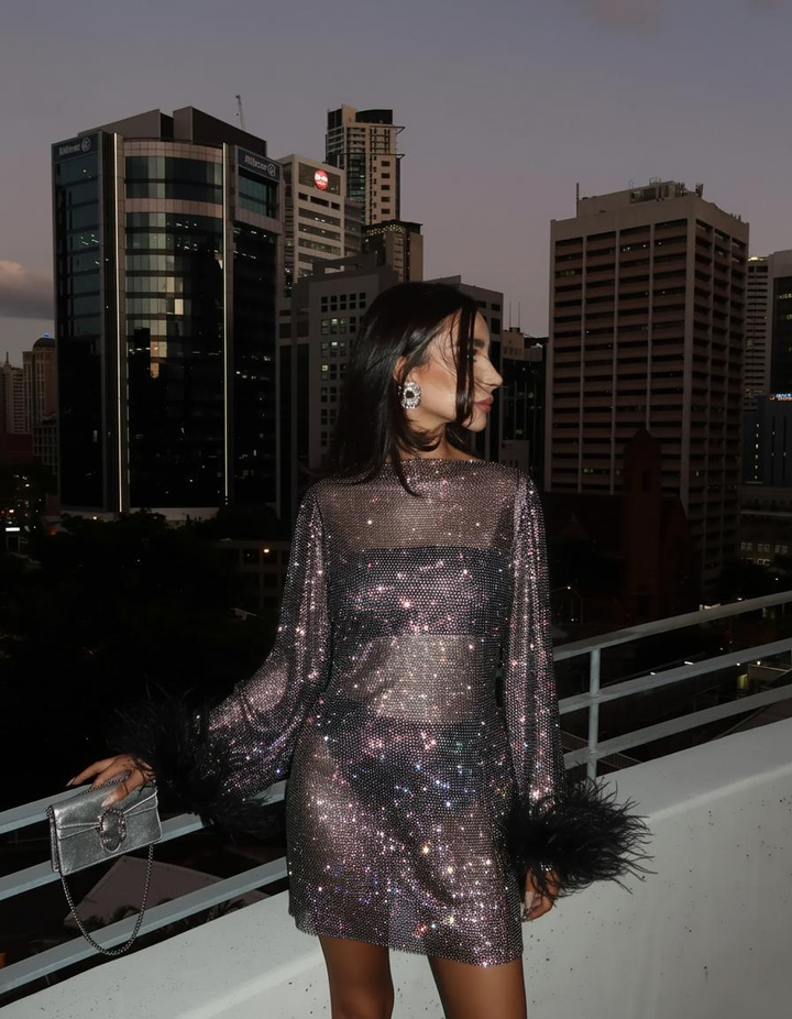 Verena Crystal Embellished Plume Cuff Mini Dress