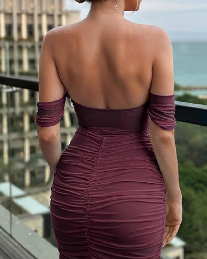 June Off Shoulder Ruched Midi Dress
