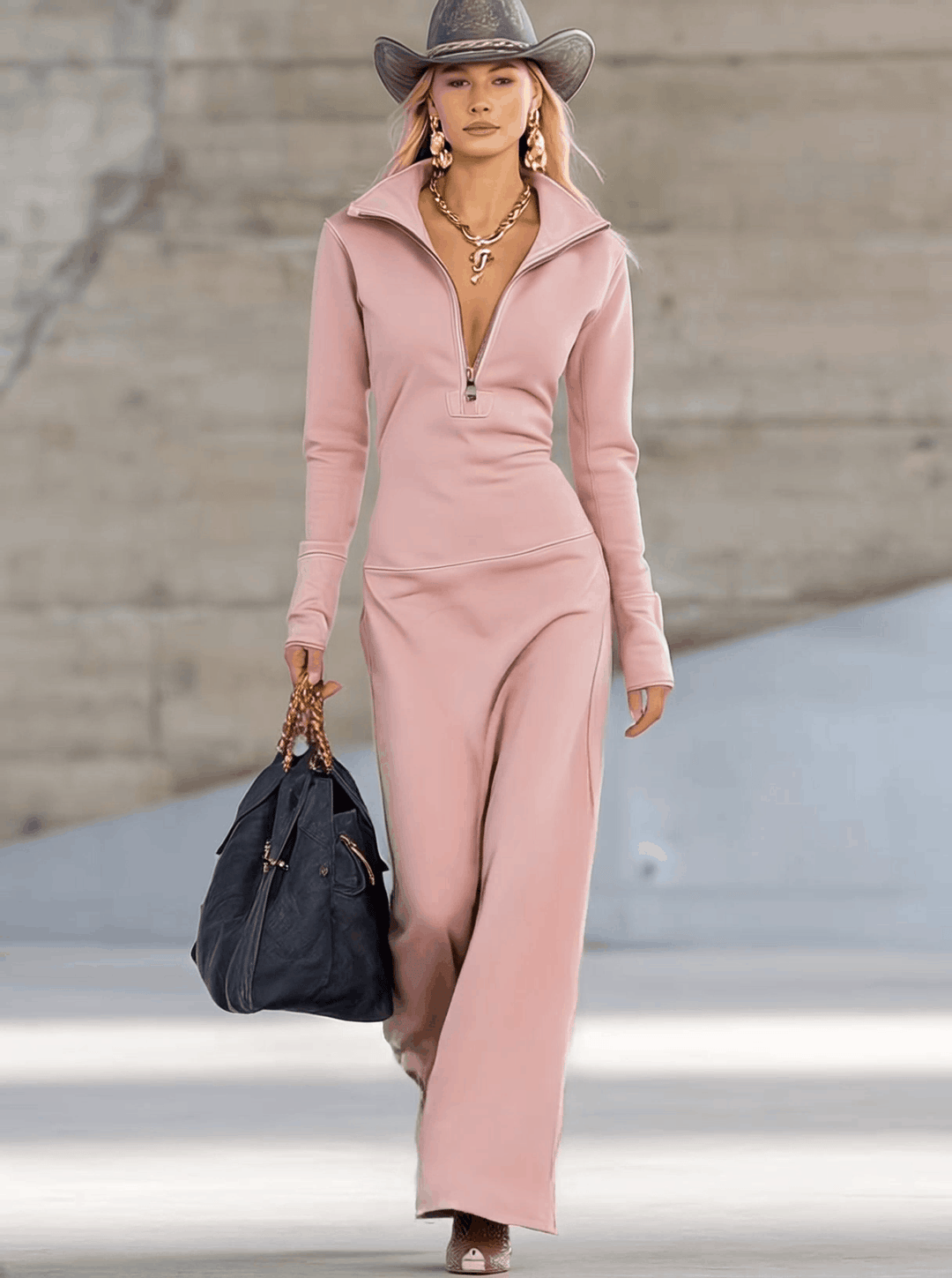 Rhea Half Zip Long Sleeve Maxi Dress