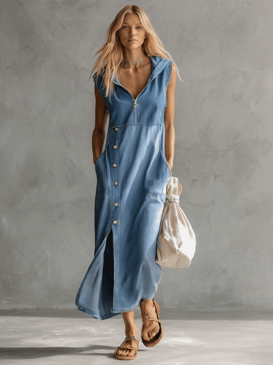 Kendra Sleeveless Hooded Denim Maxi Dress