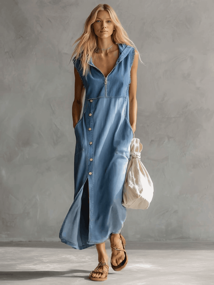 Kendra Sleeveless Hooded Denim Maxi Dress