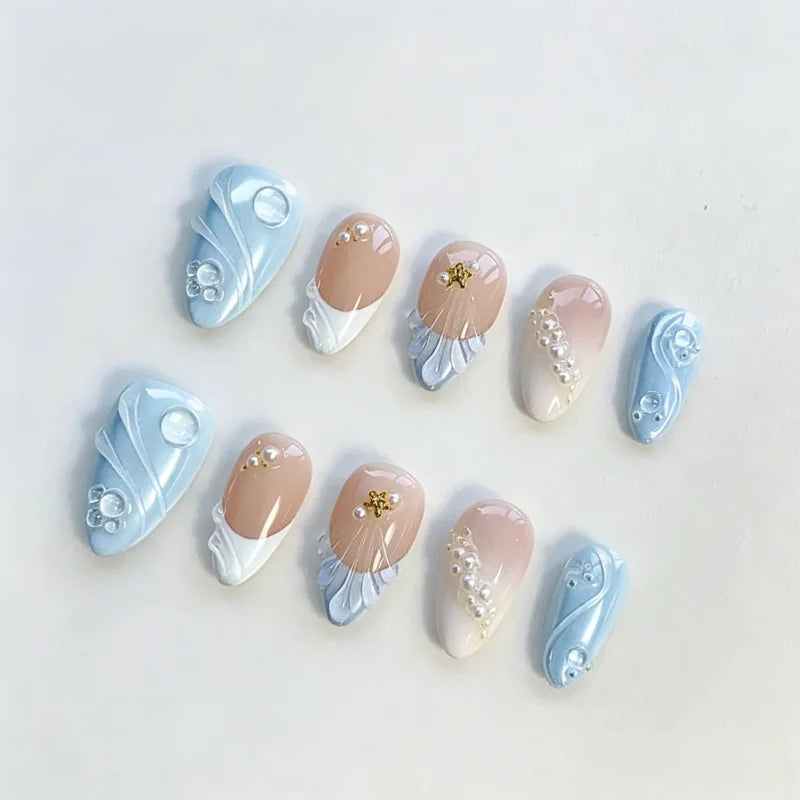 Blue Pearl Seashell Press-On Nails