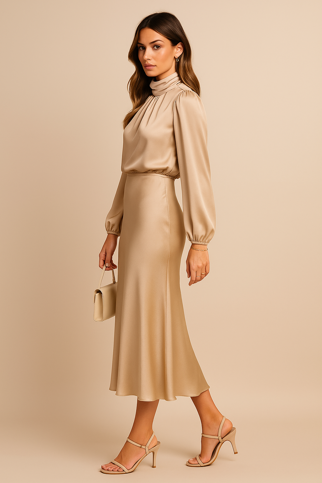 Ara Satin High Neck Midi Dress