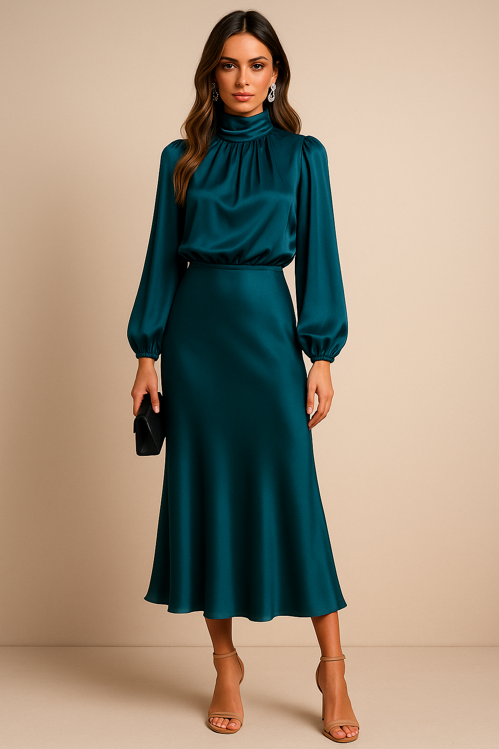 Ara Satin High Neck Midi Dress