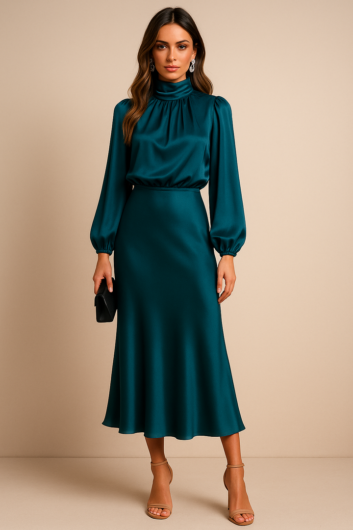 Ara Satin High Neck Midi Dress