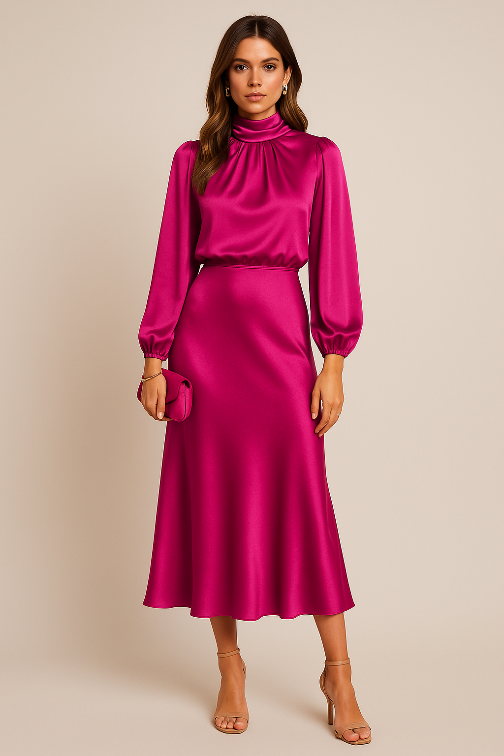 Ara Satin High Neck Midi Dress