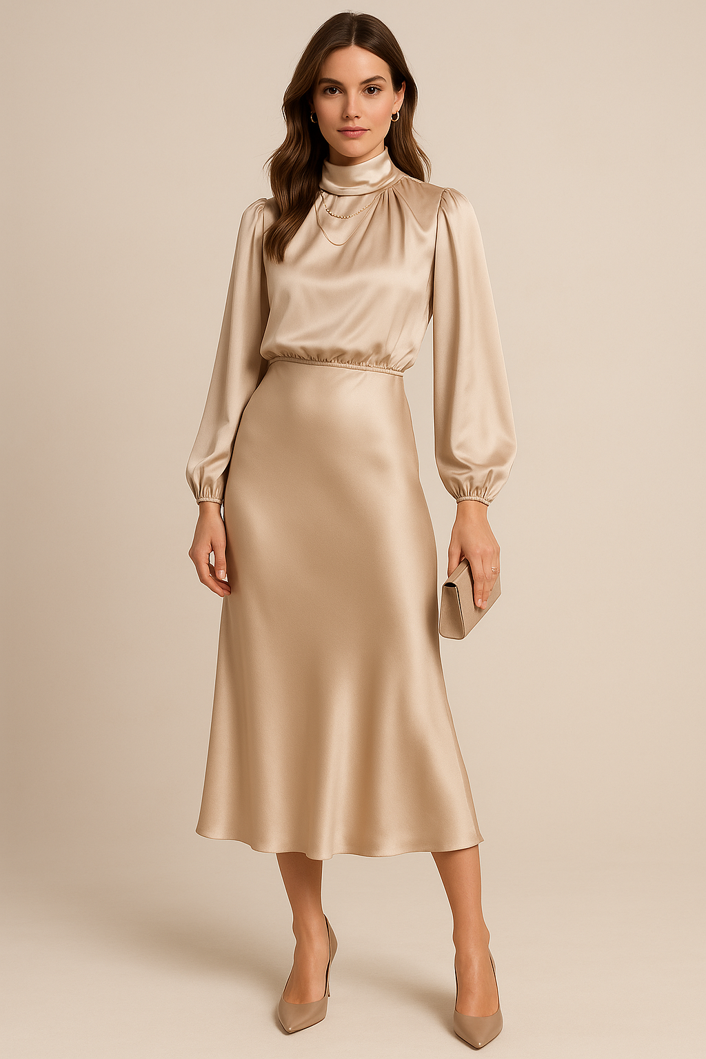 Ara Satin High Neck Midi Dress