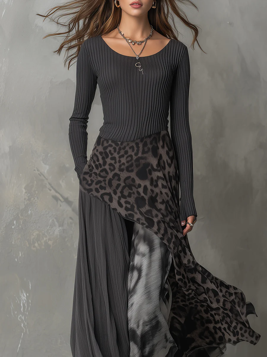 Levie Leopard Panel Asymmetric Maxi Dress