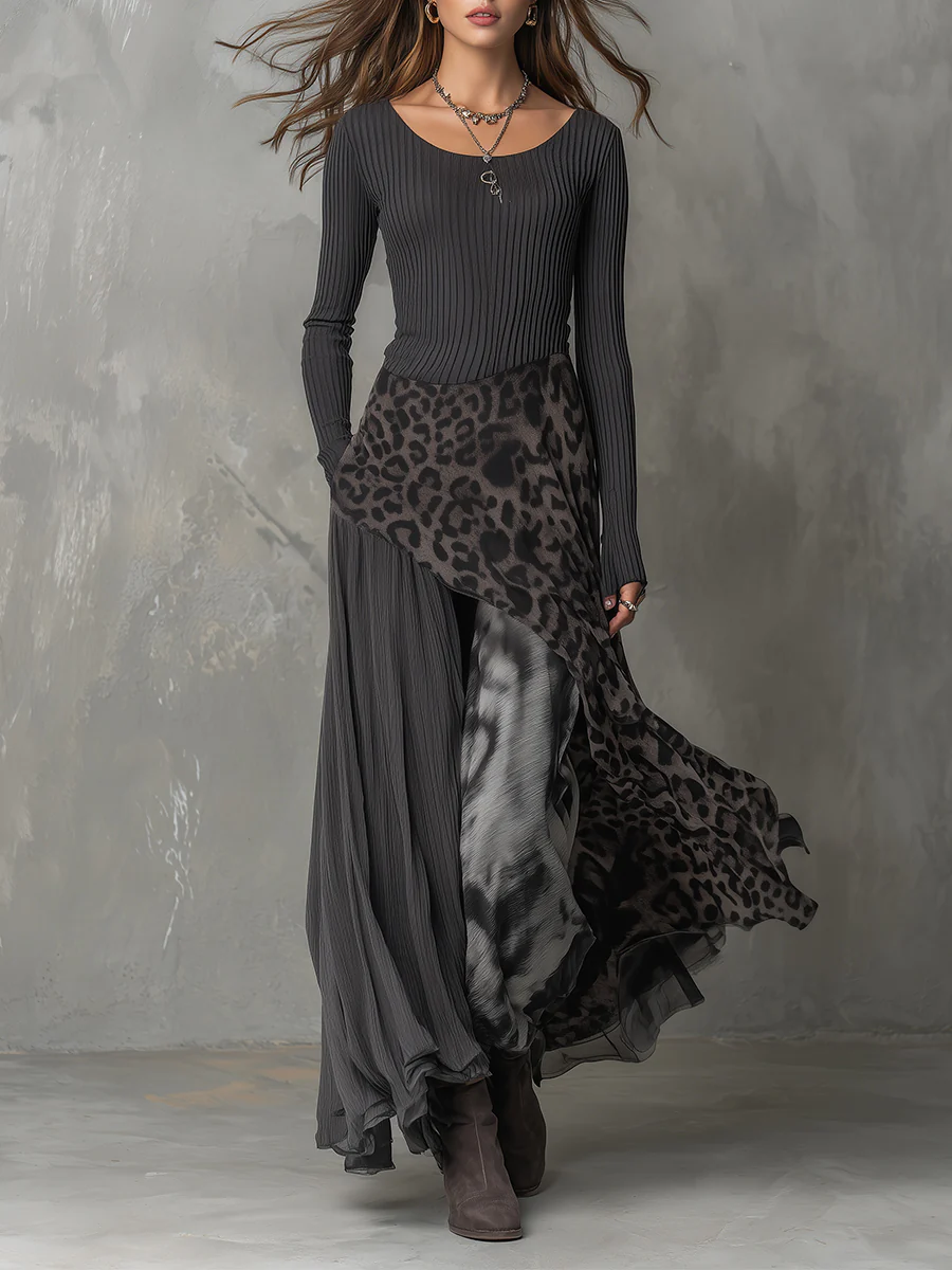 Levie Leopard Panel Asymmetric Maxi Dress