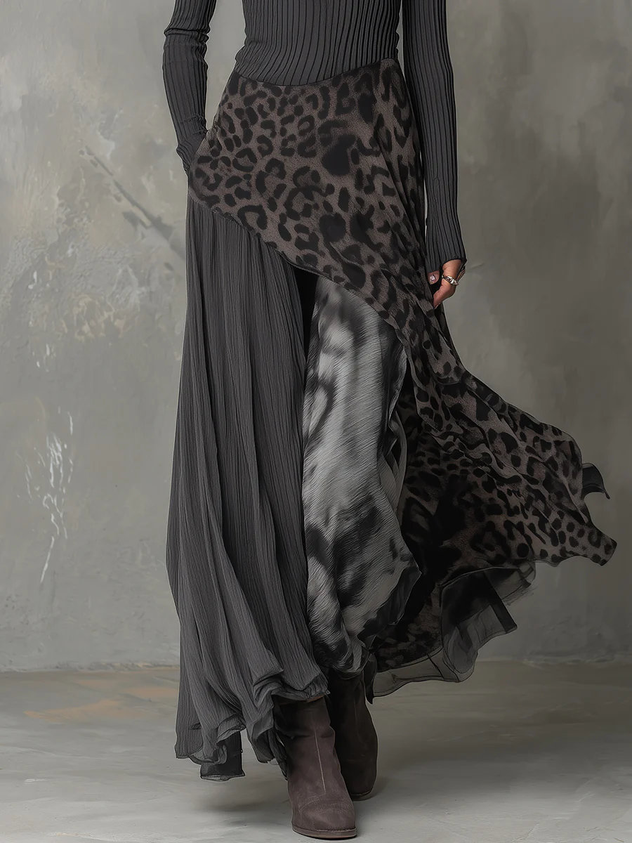 Levie Leopard Panel Asymmetric Maxi Dress
