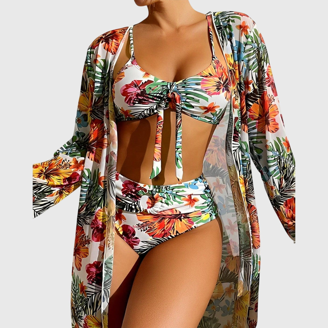 Autumn Tropical Floral Three-Piece Bikini Set