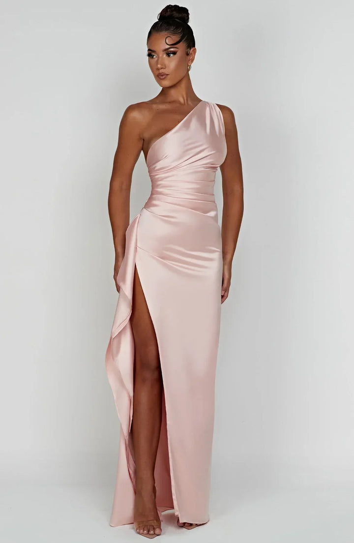 Scarlet One-Shoulder Satin Maxi Dress