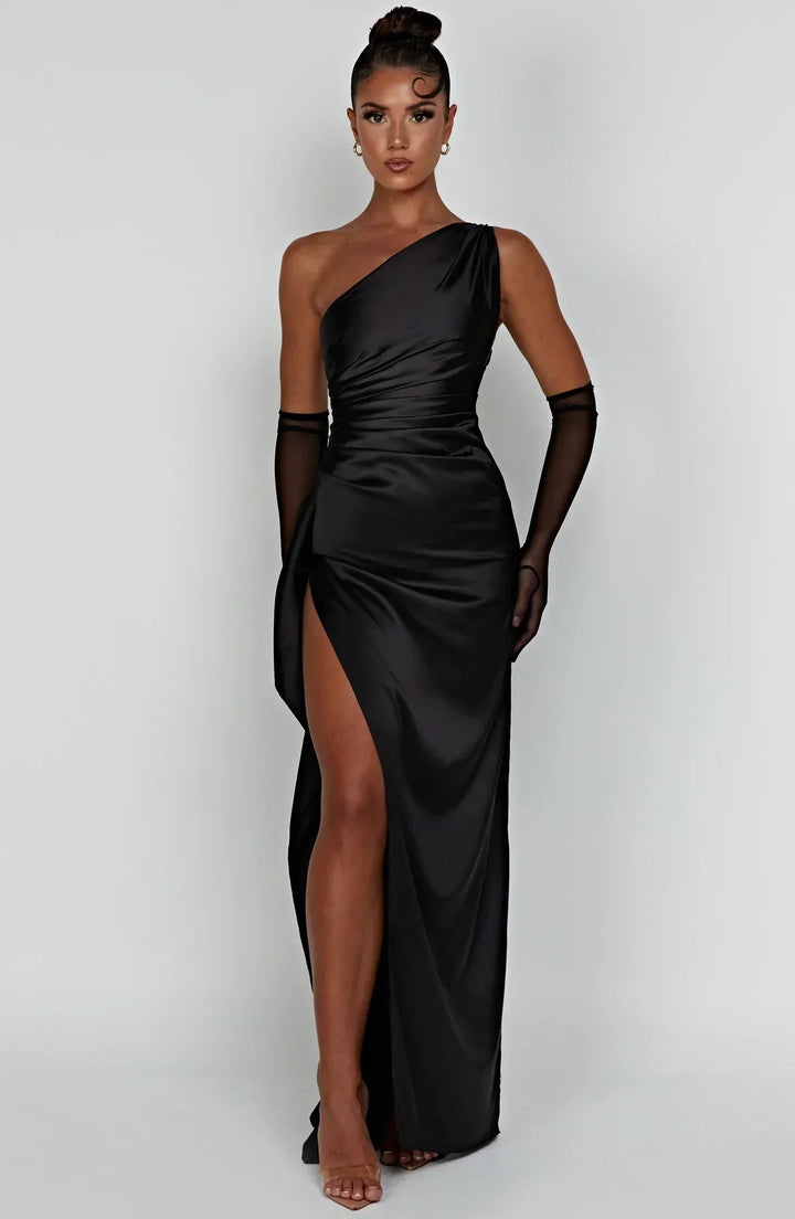 Scarlet One-Shoulder Satin Maxi Dress