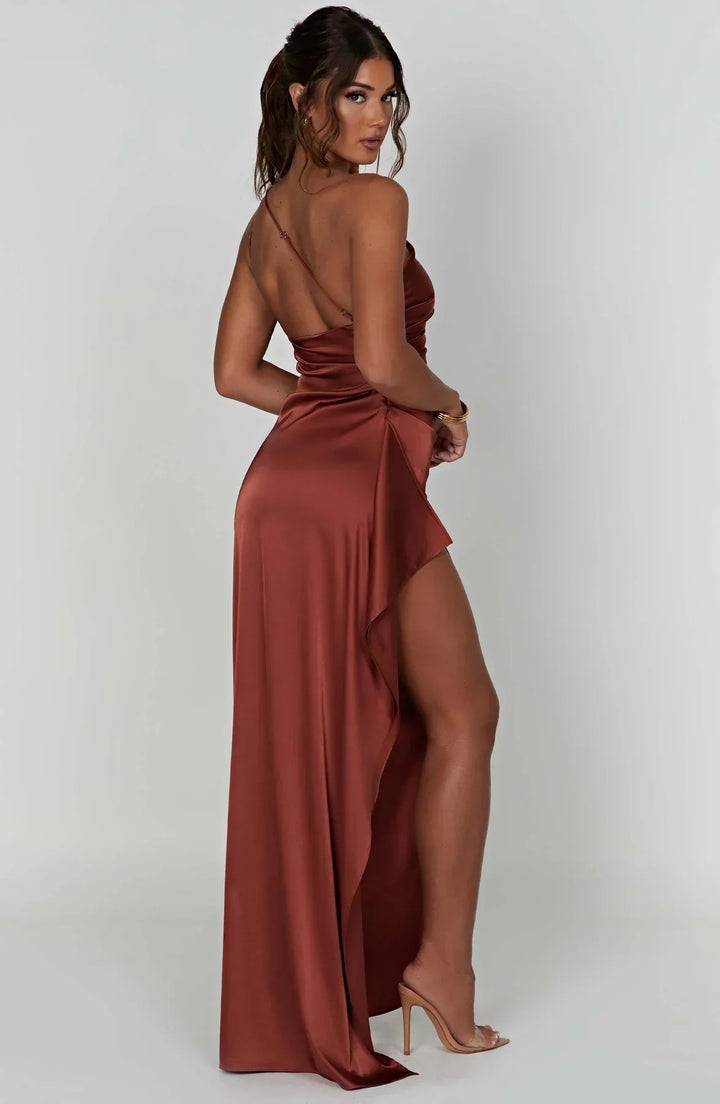 Scarlet One-Shoulder Satin Maxi Dress