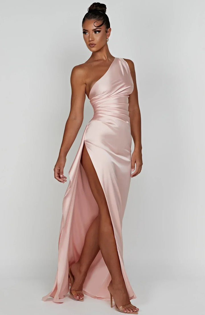 Scarlet One-Shoulder Satin Maxi Dress