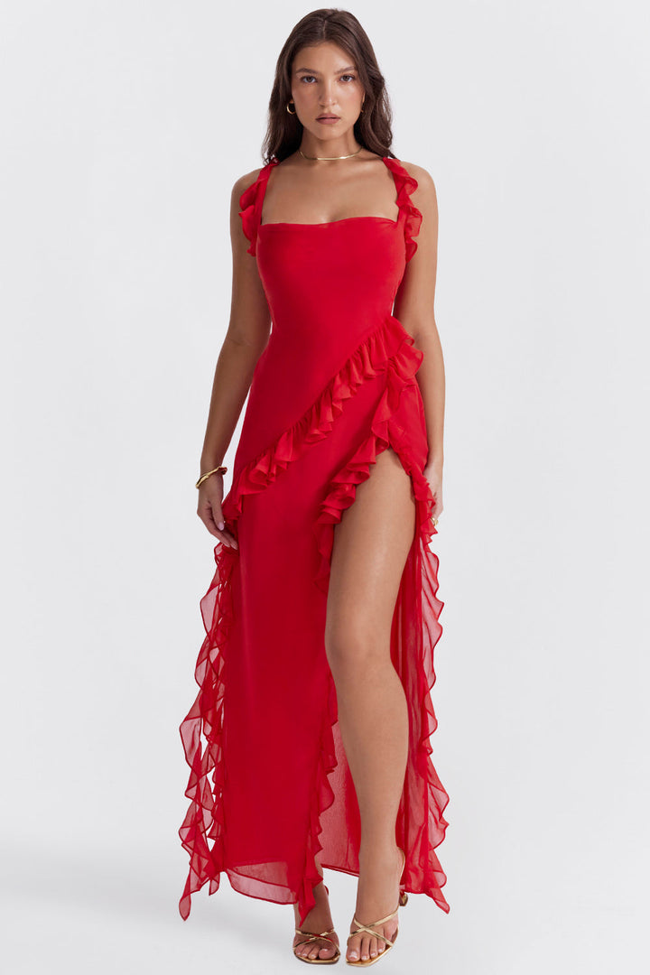 Britney Ruffle Detail Split Maxi Dress