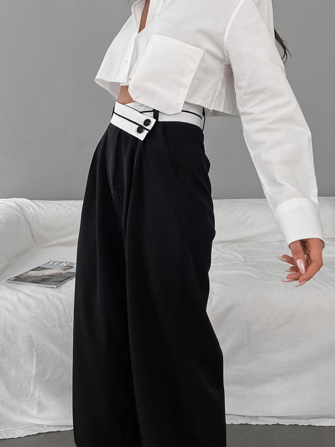 Eloise Contrast Waist Wide-Leg Trousers