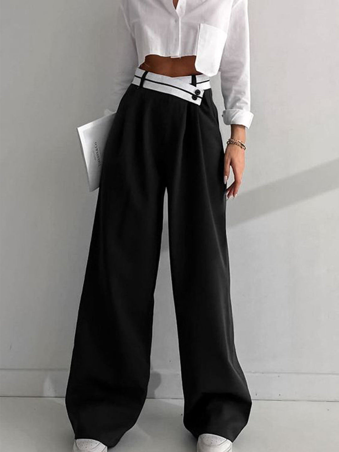 Eloise Contrast Waist Wide-Leg Trousers