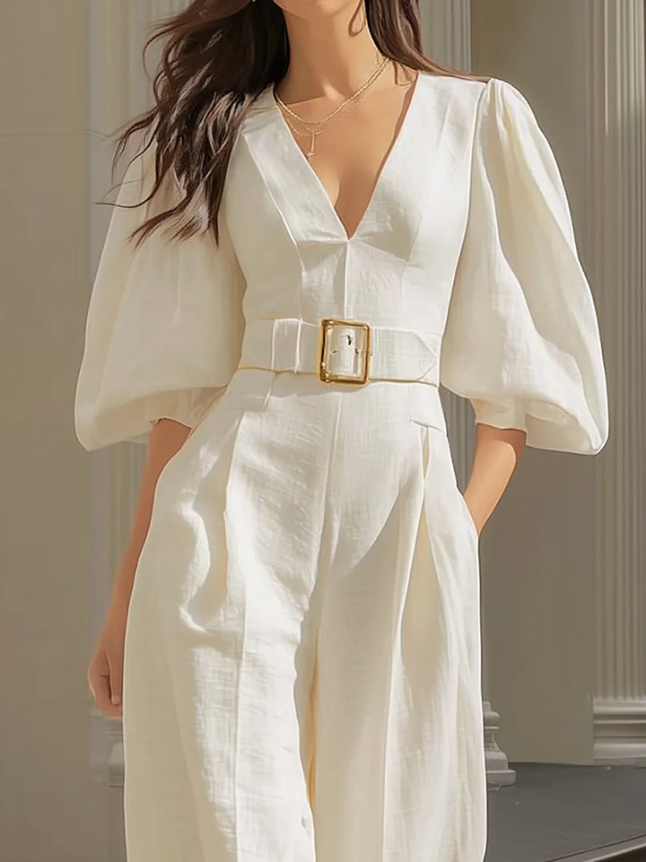 Leticia V-Neck Belted Wide Leg Jumpsuit
