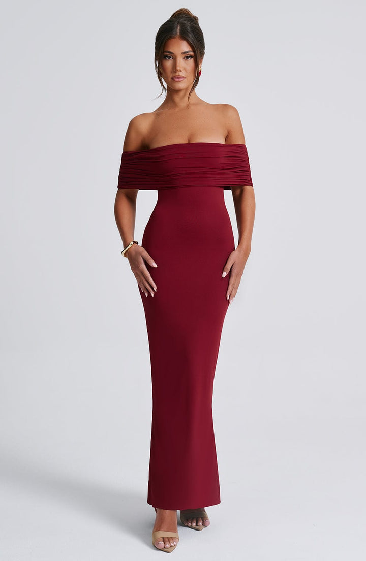 Carmina Off Shoulder Open Back Maxi Dress