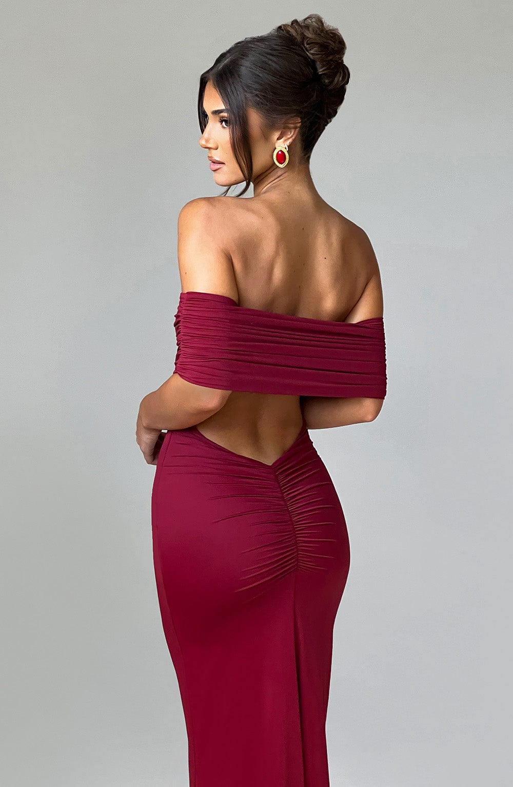 Carmina Off Shoulder Open Back Maxi Dress