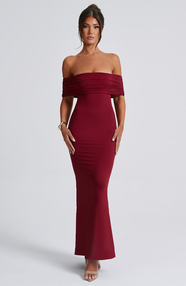 Carmina Off Shoulder Open Back Maxi Dress
