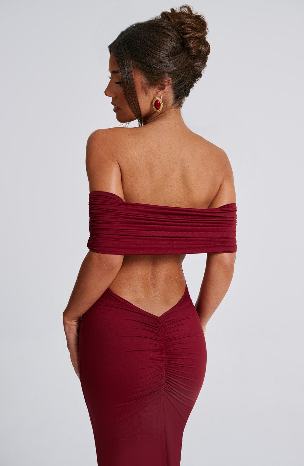 Carmina Off Shoulder Open Back Maxi Dress