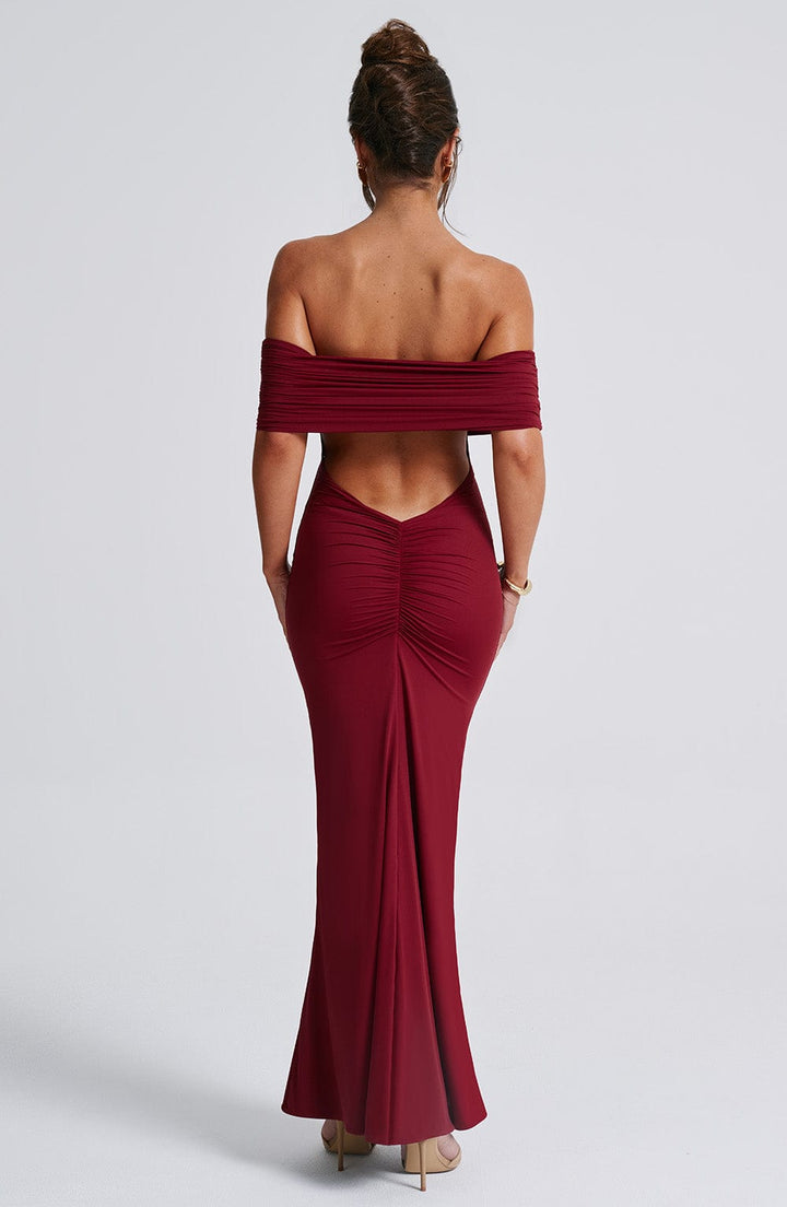 Carmina Off Shoulder Open Back Maxi Dress
